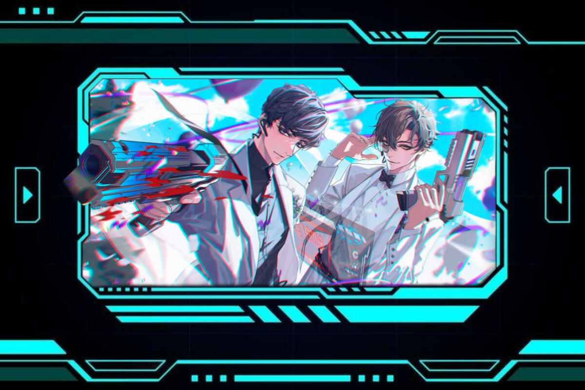 Sci-fi style picture featuring the main couple of the novel , each holding weapons accompanied by a glitchy effecf .